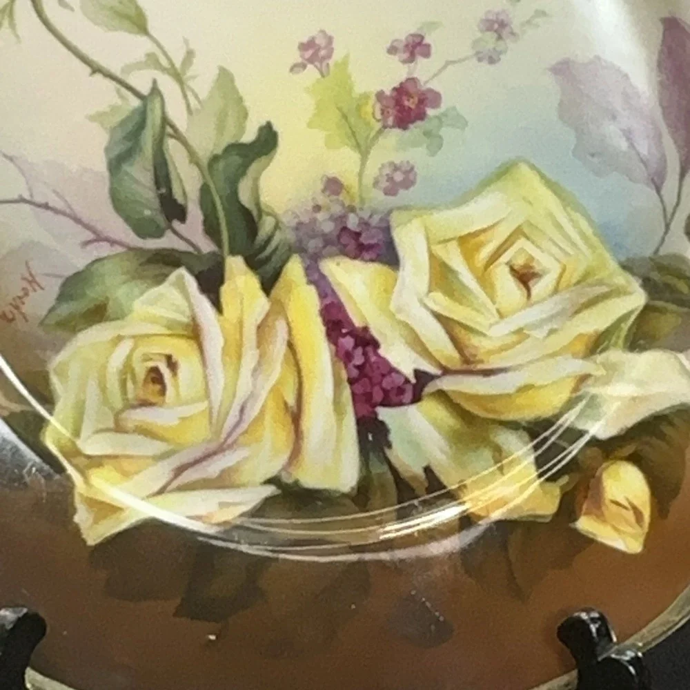 Antique‎ J&G Louise Bavaria Hand Painted Yellow Roses Cake Plate Signed Handled